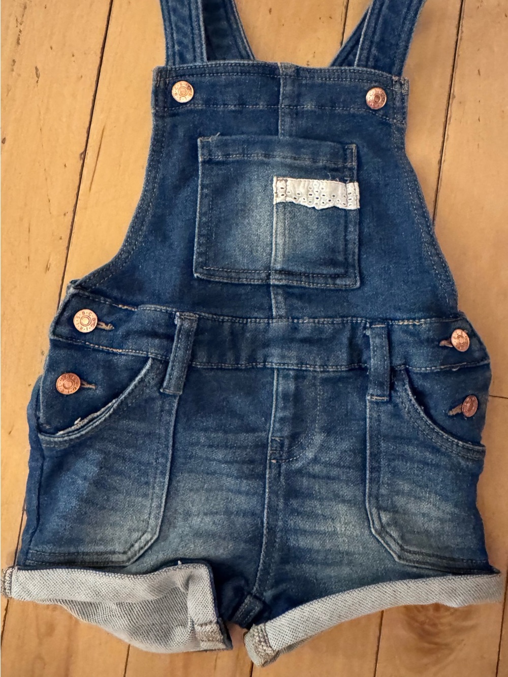 BCBG Faded Denim Short Overalls in Blue